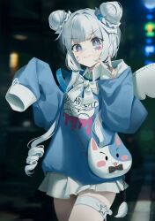  +_+ 1girl :3 absurdres animal_bag bag bandaid bandaid_on_cheek bandaid_on_face blue_eyes blue_hoodie blurry blurry_background bow bowtie cat_bag closed_mouth commentary cowboy_shot double_bun drill_hair facial_mark fingernails gosegu grey_hair hair_bun hair_ornament hands_up highres hood hood_down hoodie isegye_idol long_hair long_sleeves looking_at_viewer mikiri nail_polish night official_alternate_costume pink_nails pleated_skirt shirt shoulder_bag sidelocks skirt sleeves_past_fingers sleeves_past_wrists smile solo star_(symbol) star_facial_mark thigh_strap v v-shaped_eyebrows virtual_youtuber waktaverse white_bow white_bowtie white_skirt wings 