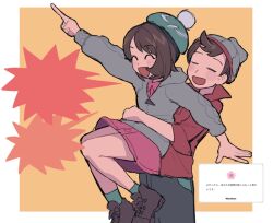  1boy 1girl :d ^_^ arm_up beanie brown_hair brown_shoes cardigan carrying closed_eyes collared_dress commentary_request dress gloria_(pokemon) green_hat green_socks grey_cardigan grey_hat hat highres hood hood_down hooded_cardigan nanase_(trfok1) open_mouth pants pink_dress pokemon pokemon_sword_and_shield red_shirt shirt shoes short_hair smile socks tam_o'_shanter victor_(pokemon) yellow_background 