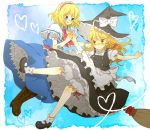  alice_margatroid bad_id blonde_hair bloomers blue_eyes boots braid broom broom_riding buttons dress hairband harukiti hat heart kirisame_marisa mary_janes multiple_girls shoes short_hair socks touhou witch_hat yellow_eyes 