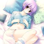  blush glasses lying nagato_yuki purple_hair shirt_lift short_hair solo suzumiya_haruhi_no_yuuutsu vanilla_(artist) vanilla_(nicolla) 