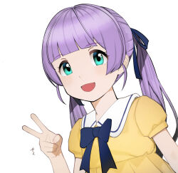  1girl aqua_eyes baby_animal bad_link bird blue_eyes blue_ribbon bpa_(artist) chick collar collared_dress dress green_eyes hair_ribbon highres indie_virtual_youtuber looking_at_viewer mochi_hiyoko mochipro neck_ribbon purple_hair ribbon smile tareme twintails v virtual_youtuber white_collar yellow_dress 
