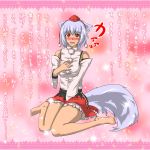  bad_id barefoot blush confession detached_sleeves hat highres inubashiri_momiji pov red_eyes sakura_(end_of_showa) short_hair silver_hair tail tokin_hat touhou translation_request wolf_ears wolf_tail 