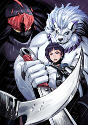  1girl 2boys absurdres animal_ears belt black_claws blue_eyes choker commentary_request digimon digimon_(creature) digimon_beatbreak earrings fangs fumamon furry furry_male hasegawa_(hase_popopo) highres holding holding_sword holding_weapon jewelry knife kutsuwada_maki lion_boy lion_ears lion_mane looking_at_another mask mouth_mask multiple_boys necklace ninja ninja_mask panjyamon rain single_earring sword topless_male violet_eyes weapon yellow_eyes 
