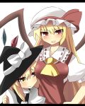  adult ascot blonde_hair blush bow braid breast_envy breasts flandre_scarlet gijinka_lemon hat highres hug kirisame_marisa large_breasts long_hair multiple_girls red_eyes short_hair staring_at_breasts touhou wings witch_hat yellow_eyes 