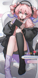  1girl absurdres animal_ears arknights asymmetrical_legwear black_jacket black_shorts black_socks chair chi_chi_(lofter_2016543390) chinese_commentary commentary_request drill_hair full_body hamster_ears hamster_girl handheld_game_console headphones highres holding holding_handheld_game_console implied_extra_ears jacket long_hair multicolored_hair open_clothes open_jacket open_mouth purple_socks purple_streaks shorts sitting socks solo streaked_hair twin_drills u-official_(arknights) v-shaped_eyebrows violet_eyes 