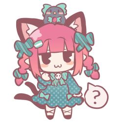  1girl :3 ? animal_ear_fluff animal_ears animal_on_head animalization bird bird_on_head blush bow bowtie braid cat_ears chibi chibi_only closed_mouth commentary dress extra_ears full_body green_bow green_bowtie green_dress hair_bow kaenbyou_rin long_hair long_sleeves looking_at_viewer multiple_hair_bows multiple_tails nekomata on_head pointy_ears red_hair reiuji_utsuho reiuji_utsuho_(bird) silverrain simple_background smile spoken_question_mark tail touhou twin_braids two_tails white_background 