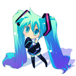  1girl aqua_eyes aqua_hair black_boots black_skirt black_sleeves blue_necktie blue_trim blush boots chibi chibi_only commentary_request detached_sleeves grey_shirt hatsune_miku lace_trim looking_at_viewer necktie oversized_clothes shadow shirt shiu_kazuki simple_background skirt sleeveless sleeveless_shirt sleeves_past_wrists solo thinking twintails vocaloid white_background 