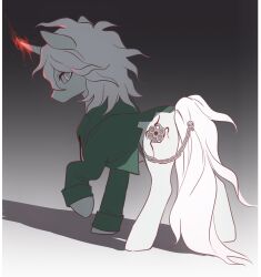  1boy animalization chain danganronpa_(series) danganronpa_2:_goodbye_despair gradient_background green_jacket grey_background grey_eyes highres hood hood_down horns horse jacket june777th komaeda_nagito long_sleeves male_focus my_little_pony my_little_pony:_friendship_is_magic shadow single_horn standing tattoo 