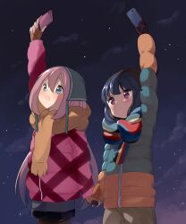  2girls agaki_anko arm_above_head beanie black_hat blue_eyes blue_hair blue_hat blue_jacket blue_scarf blue_shorts blush brown_gloves brown_pants brown_pantyhose brown_scarf cellphone closed_mouth cowboy_shot double-parted_bangs down_jacket gloves green_scarf hair_between_eyes hat highres holding holding_hands holding_phone jacket kagamihara_nadeshiko long_sleeves multicolored_jacket multiple_girls night open_mouth orange_jacket orange_scarf outdoors pants pantyhose phone pink_hair pink_jacket pom_pom_(clothes) pom_pom_beanie red_scarf scarf shima_rin shorts sky smartphone star_(sky) starry_sky striped_clothes striped_scarf two-tone_jacket violet_eyes yurucamp 