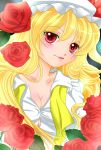  adult blonde_hair breasts cleavage fang flandre_scarlet flower hat highres long_hair red_eyes rose solo touhou white_shirt yuzuna_(pixiv) 