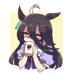  1girl animal_ears animal_print black_hair bow bowtie cat_print chibi colored_skin commentary_request cup daikaikotu ear_ornament ear_tag earrings furrowed_brow gloom_(expression) hands_up holding holding_cup horse_ears horse_girl jewelry long_hair manhattan_cafe_(umamusume) mug multicolored_skin puffy_short_sleeves puffy_sleeves purple_bow purple_bowtie purple_shirt sailor_collar shaded_face shirt short_sleeves single_earring solo suspicious_egg_dish two-tone_skin umamusume very_long_hair white_sailor_collar white_shirt yellow_eyes 