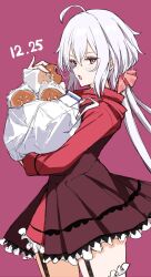  1girl 5_7_3 ahoge anpan bag bob_cut bread commentary_request cowboy_shot dated double-parted_bangs dress floating_hair food frilled_dress frills hair_between_eyes hair_ornament hair_scrunchie highres holding holding_bag holding_bread holding_food long_hair looking_at_viewer open_mouth pink_background pink_dress pink_scrunchie plastic_bag scrunchie senki_zesshou_symphogear simple_background solo twintails two-tone_dress upper_body violet_eyes white_hair yukine_chris 