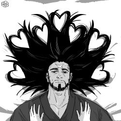  1boy 1other absurdres beard commentary_request cross_scar facial_hair greyscale highres jujutsu_kaisen long_hair looking_at_viewer lying monochrome muitsuyu mustache_stubble on_back pectoral_cleavage pectorals scar scar_on_face scar_on_forehead solo_focus stubble zen'in_jinichi 