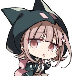  1girl :o absurdres animal_ears animal_hood bag blunt_bangs brown_hair brown_skirt cat_ears cat_hood chibi chibi_only collared_shirt commentary_request cowboy_shot danganronpa_(series) danganronpa_2:_goodbye_despair fake_animal_ears flipped_hair green_jacket hair_ornament hand_up hands_up highres hood hood_up hooded_jacket jacket light_blush looking_at_viewer makochan42 medium_hair nanami_chiaki open_clothes open_jacket open_mouth pink_bag pink_eyes shirt sidelocks simple_background skirt sleeves_past_wrists solo v white_background white_shirt 