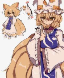  absurdres animal_ear_fluff animal_ears blonde_hair blue_tabard chibi commentary dress fox_ears fox_girl fox_tail frills gap_(touhou) gloves hair_between_eyes hat highres holding_another's_hat kitsune kyuubi long_sleeves medium_hair multiple_tails owatakun paper_doll parted_lips socks tabard tail touhou white_background white_dress white_gloves white_socks wide_sleeves yakumo_ran yakumo_yukari yellow_eyes 