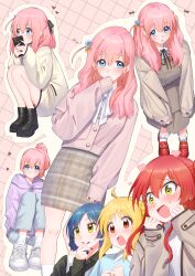  4girls :d absurdres ahoge alternate_costume alternate_hairstyle bad_id bad_pixiv_id blonde_hair blue_eyes blue_hair blush bocchi_the_rock! bow cellphone cube_hair_ornament full_body gotoh_hitori hair_between_eyes hair_bow hair_ornament heart heart-shaped_pupils highres holding holding_phone ijichi_nijika kessoku_band kita_ikuyo long_hair long_sleeves looking_at_another lovestruck mole mole_under_eye multiple_girls multiple_views one_side_up open_mouth phone pink_hair ponytail red_eyes red_hair smartphone smile squatting sweatdrop symbol-shaped_pupils tamayume tareme twintails two_side_up yamada_ryo yellow_eyes 