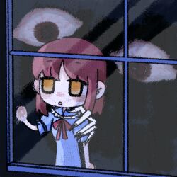  1boy 1girl aged_down blue_dress blush chibi commentary_request dress empty_eyes fingernails hand_on_another's_shoulder hand_on_window kohaku_(tsukihime) looking_at_another official_alternate_costume pale_skin pilokio2 pink_hair red_eyes red_ribbon ribbon scene_reference sharp_fingernails short_hair sidelocks spoilers staring tohno_makihisa tsukihime window yellow_eyes 