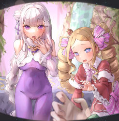  2girls absurdres bare_shoulders beatrice_(re:zero) blonde_hair blue_eyes blunt_bangs blush bodysuit bow braid breasts butterfly-shaped_pupils capelet clothing_cutout commentary crown dress drill_hair emilia_(re:zero) english_commentary flower frilled_bow frills fur-trimmed_capelet fur_trim grey_hair hair_bow hair_flower hair_ornament highres justjast long_hair medium_breasts mini_crown multiple_girls official_alternate_costume open_mouth pink_bow pov purple_bodysuit re:zero_kara_hajimeru_isekai_seikatsu red_capelet red_dress shoulder_cutout single_braid symbol-shaped_pupils twin_drills violet_eyes worried 