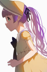  1girl aqua_eyes baby_animal bad_link bird blue_eyes blue_ribbon bonnet bpa_(artist) chick collar collared_dress dress frilled_bonnet frills from_side green_eyes hair_ribbon indie_virtual_youtuber mochi_hiyoko mochipro neck_ribbon purple_hair ribbon tareme twintails v virtual_youtuber white_collar yellow_bonnet yellow_dress 