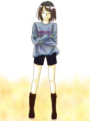  1other 2020 2d ambiguous_gender ankle_boots blue_shirt blue_shorts boots brown_boots brown_hair crossed_arms digital_media double_horizontal_stripe frisk_(undertale) full_body gradient_background highres horizontal-striped_clothes human legs_apart long_sleeves other_focus pink_stripes piyoriina shirt short_hair shorts simple_background solo standing striped_clothes striped_shirt two-tone_backgorund two-tone_shirt undertale utdr_(toby_fox) white_background yellow_background 