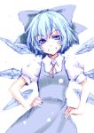  1girl bad_id blue_eyes blue_hair bow cirno grin hair_bow hands_on_hips happy ice kuronuko_neero short_hair simple_background sketch smile snow solo touhou wings 
