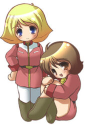  2girls belt belt_buckle black_belt blonde_hair blue_eyes boots brown_hair buckle collared_dress commentary_request dress earth_federation fraw_bow green_boots gundam hands_on_own_hips knee_boots long_sleeves lowres military_uniform mobile_suit_gundam multiple_girls pantyhose pink_dress sayla_mass short_dress simple_background smile suzusaka_haru white_background white_pantyhose 
