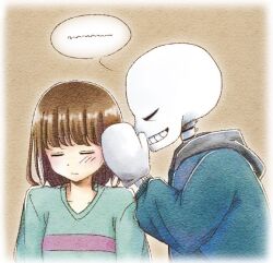  1boy 1other 2020 2d ambiguous_gender blue_jacket blue_sweater border brown_background brown_hair child closed_eyes digital_media double_horizontal_stripe duo frisk_(undertale) grey_hood hand_up hood hood_down hooded_jacket horizontal-striped_clothes human humanoid jacket long_sleeves male mittens monster monster_boy open_clothes open_jacket pink_stripes piyoriina portrait sans_(undertale) shirt short_hair simple_background skeleton speech_bubble striped_clothes striped_sweater sweater teeth two-tone_sweater undead undertale utdr_(toby_fox) whispering white_border white_mittens white_shirt 