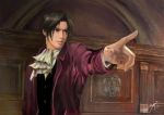  brilcrist courtroom cravat formal gyakuten_saiban male miles_edgeworth mitsurugi_reiji pointing realistic solo suit 