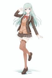  1girl aqua_eyes aqua_hair blazer bow bowtie brown_cardigan brown_jacket brown_skirt brown_thighhighs cardigan frilled_skirt frills full_body hair_ornament hairclip highres jacket kantai_collection loafers long_hair long_skirt long_sleeves looking_at_viewer miniskirt open_cardigan open_clothes pleated_skirt red_bow red_bowtie rusetsu school_uniform shirt shoes skirt smile solo suzuya_(kancolle) suzuya_kai_ni_(kancolle) thigh-highs very_long_hair wading white_shirt 