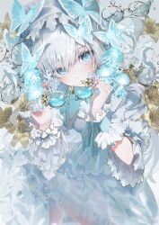  1girl aqua_eyes blue_butterfly blue_ribbon bug butterfly butterfly_hair_ornament cowboy_shot dress frilled_dress frilled_hairband frilled_skirt frilled_sleeves frilled_wrist_cuffs frills glasses gold_flower hair_ornament hairband highres jellyfish layered_dress lolita_fashion lolita_hairband long_hair negimapurinn original ribbon skirt solo white_dress white_hair wide_sleeves wrist_cuffs 