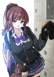  1girl :o animal_charm arm_at_side artist_name bag bag_charm black_bow black_jacket blue_bag bow bowtie breasts brown_hair charm_(object) collared_shirt commentary_request cowboy_shot hair_bow hand_on_own_thigh hand_up highres holding holding_shoes holding_unworn_clothes jacket k-yous large_breasts locker locker_room medium_hair miniskirt mole mole_under_eye natsuki_karin open_mouth partially_unzipped pleated_skirt ponytail purple_bow purple_bowtie purple_skirt school_bag school_uniform shirt shoes shoulder_bag sidelocks signature skirt solo standing synthesizer_v unworn_shoes violet_eyes white_background white_shirt 