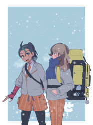  1boy 1girl :d arven_(pokemon) backpack bag black_hair black_pantyhose blue_scarf border brown_hair collared_shirt commentary_request grey_jacket hand_in_pocket highres jacket long_hair multicolored_hair nanase_(trfok1) necktie nemona_(pokemon) open_mouth orange_necktie orange_pants orange_shorts outside_border pants pantyhose pokemon pokemon_scarlet_and_violet ponytail scarf shirt shorts smile snowing standing streaked_hair teeth upper_teeth_only white_border yellow_bag zipper_pull_tab 