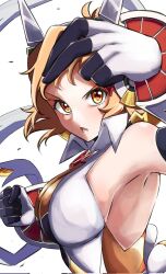  1girl 5_7_3 armpits bare_shoulders bob_cut breasts brown_hair clenched_hand commentary_request floating_hair gloves hair_ornament hairclip headgear highres large_breasts looking_at_viewer multicolored_gloves open_mouth partially_shaded_face senki_zesshou_symphogear short_hair simple_background solo symphogear_pendant tachibana_hibiki_(symphogear) tsurime two-tone_gloves upper_body v-shaped_eyebrows white_background white_gloves yellow_eyes 