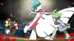  2boys bag blacknirrow blaziken brown_bag canon_event cave_interior closed_mouth commentary english_commentary fire flower gallade green_hair grey_eyes grey_jacket grey_pants handbag highres holding holding_pendant jacket jewelry legs_apart long_sleeves male_focus mega_blaziken mega_gallade mega_pokemon mega_stone multiple_boys necklace open_mouth outline pants pendant petals pokemon pokemon_battle pokemon_omega_ruby_and_alpha_sapphire red_eyes red_flower red_petals shoes short_hair smile standing standing_on_one_leg wally_(pokemon) water waterfall white_outline white_shoes 