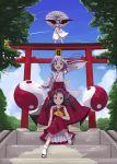  bow cosplay detached_sleeves gustav_(telomere_na) gusutafu hair_bow hair_ornament hakurei_reimu hakurei_reimu_(cosplay) hieda_no_akyuu highres oriental_umbrella remilia_scarlet shade shrine sitting stairs torii touhou umbrella wings yin_yang 