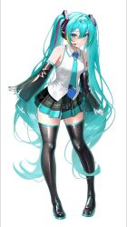  1girl aqua_eyes aqua_hair black_boots black_skirt blue_necktie blush boots full_body hatsune_miku highres hungz long_hair looking_at_viewer microphone nail_polish necktie simple_background skirt solo standing twintails vest vocaloid white_background 