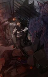  1girl absurdres animal_ears arknights black_hair black_pantyhose black_shoes black_shorts box cardboard_box cigar feiyu30903448 fingerless_gloves food fruit gloves highres jacket long_hair pantyhose pantyhose_under_shorts shoes shorts smoke texas_(arknights) white_jacket wolf_ears wolf_girl 