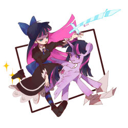  2girls aqua_eyes blue_ribbon color_connection colored_inner_hair commentary_request gothic_lolita hair_color_connection hair_ribbon holding holding_sword holding_weapon iamhere233 lace_trim lolita_fashion multicolored_hair multiple_girls my_little_pony my_little_pony:_friendship_is_magic panty_&amp;_stocking_with_garterbelt paper pink_hair pink_streaks pony_(animal) purple_fur purple_streaks ribbon stocking_(psg) streaked_hair sword thigh-highs twilight twilight_sparkle violet_eyes weapon white_background winged_unicorn 