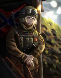  1girl absurdres ak-74 artist_name assault_rifle blonde_hair blood blood_on_clothes chinstrap combat_helmet commentary dirty donetsk_people's_republic_flag english_commentary goggles goggles_on_head gun helmet highres kalashnikov_rifle load_bearing_vest looking_at_viewer magazine_(weapon) military_combat_uniform military_uniform novorossiya_flag original own_hands_together persifalli rifle russian_ground_forces russo-ukrainian_war soldier solo trench weapon 