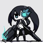  black_hair black_rock_shooter black_rock_shooter_(character) blue_eyes chan_co chibi glowing glowing_eyes midriff solo twintails uneven_twintails weapon 