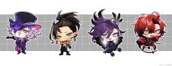  4boys :3 :d ahoge aqua_eyes banzoin_hakka banzoin_hakka_(1st_costume) beard_stubble black_bodysuit black_gloves black_hair black_pants blue_eyes blue_hair bodysuit chibi chibi_only coat earrings facial_hair fang fangs feather_hair_ornament feathers full_body fur-trimmed_jacket fur_trim gavis_bettel gavis_bettel_(1st_costume) gloves grey_background grey_hair hair_ornament hakama hakama_pants hat highres holostars holostars_english holotempus jacket japanese_clothes jewelry josuiji_shinri josuiji_shinri_(1st_costume) machina_x_flayon machina_x_flayon_(1st_costume) male_focus medium_hair multicolored_hair multiple_boys okobo open_mouth orange_jacket outline outstretched_arm pants pink_hair platform_sandals ponytail purple_hair purple_hakama red_coat red_hair sandals siawaseki05 single_hair_streak sleeves_past_fingers sleeves_past_wrists smile stubble tail top_hat virtual_youtuber white_hair white_outline 