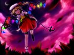  blonde_hair cha_kuro_(limo) cloud crazy_eyes crazy_smile flandre_scarlet from_below grass hat laevatein moon night night_sky red_eyes ribbon short_hair side_ponytail sky solo touhou wind wings yamikuro 