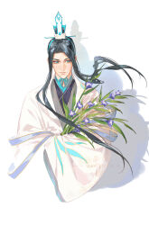  1boy black_hair blue_eyes bouquet chinese_clothes closed_mouth code:_kite flag_(99199861) flower hanfu highres holding holding_bouquet long_hair long_sleeves male_focus parted_bangs robe simple_background solo white_background xiao_guan_(headdress) xun_yu_(code:_kite) 