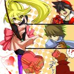  3boys artist_request baseball_cap black_hair blonde_hair brown_hair cape fishing_rod green_eyes hat holding holding_fishing_rod holding_gift long_hair maru_kyuu multiple_boys ookido_green pokemon pokemon_special ponytail red_(pokemon) smile valentine wataru_(pokemon) yellow_(pokemon) 