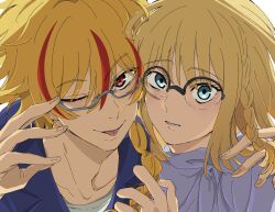  1boy 1girl adjusting_eyewear ahoge blonde_hair blue_eyes blush braid braided_ponytail commentary fate/strange_fake fate_(series) glasses hand_on_eyewear highres long_hair looking_at_viewer medium_hair multicolored_hair one_eye_closed open_mouth red_eyes red_streaks richard_i_(fate) rwm0430 sajou_ayaka_(fate/strange_fake) shirt side_braid single_braid smile streaked_hair tongue tongue_out 