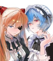  2girls ayanami_rei black_dress blue_eyes blue_hair blue_nails bow closed_mouth collar commentary_request dress earrings english_commentary evangelion:_3.0_you_can_(not)_redo eyepatch frilled_collar frilled_dress frills hair_between_eyes hairpods hand_up highres jewelry long_hair looking_at_viewer maid maid_headdress mixed-language_commentary multiple_girls neon_genesis_evangelion orange_hair parted_lips pink_eyes rebuild_of_evangelion ribbon short_hair simple_background soraaaa53 souryuu_asuka_langley upper_body white_background white_bow white_ribbon 