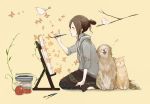  brown_hair cat coba dog easel highres kneeling original paintbrush painting short_hair skirt sleeves_pushed_up solo sweater 