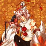 animal_ears detached_sleeves discharge_cycle hair_over_one_eye hat inubashiri_momiji midriff red_eyes shield short_hair solo sword tail tokin_hat touhou weapon white_hair wolf_ears wolf_tail 