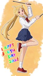  1girl 2026 :d absurdres ahoge birthday black_skirt blonde_hair bocchi_the_rock! bow bowtie commentary_request drumsticks enukee from_side full_body happy_birthday highres holding holding_drumsticks ijichi_nijika leg_up long_hair long_sleeves looking_at_viewer looking_to_the_side pleated_skirt red_bow red_bowtie red_eyes red_shoes school_uniform shimokitazawa_high_school_uniform shirt shoes side_ponytail skirt smile socks solo white_shirt white_socks 