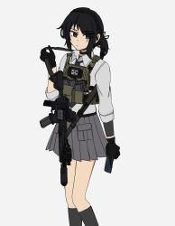  1girl akkola ammunition_pouch anger_vein assault_rifle black_choker black_eyes black_gloves black_hair black_socks blue_necktie body_cam bulletproof_vest choker closed_mouth commentary english_commentary feet_out_of_frame gloves grey_skirt gun highres holding holding_phone holding_strap load_bearing_vest looking_to_the_side magazine_(weapon) necktie optical_sight original phone pleated_skirt ponytail pouch rifle school_uniform shirt short_hair short_ponytail simple_background skirt socks solo strap tactical_school_uniform weapon white_background white_shirt 